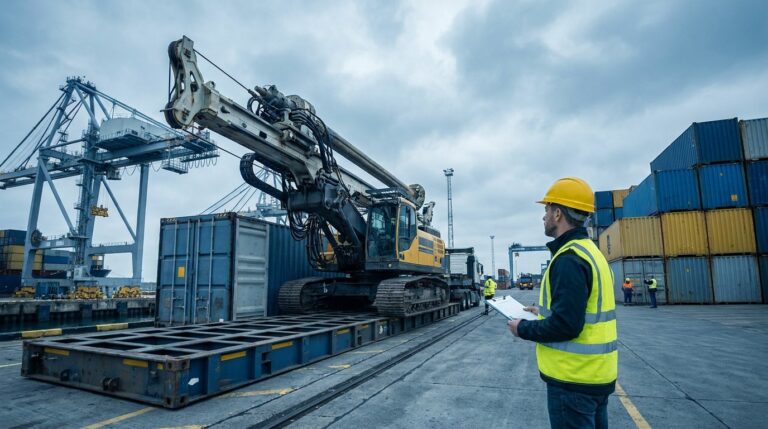 Engineer inspecting hydraulic drilling rig before shipping from China